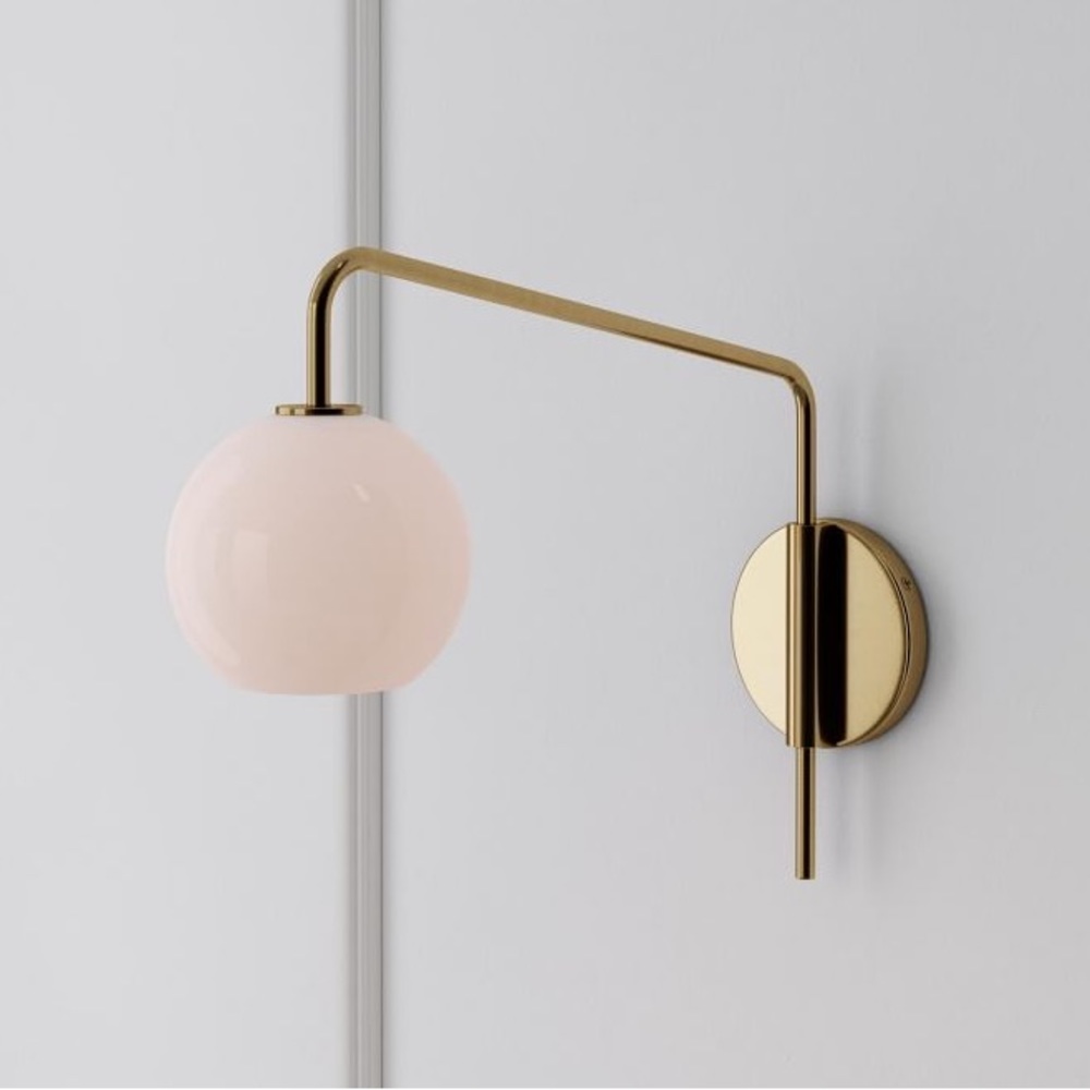 West Elm Antique Brass Adjustable Sculptural Sconce 6” Milk White Glass Globe